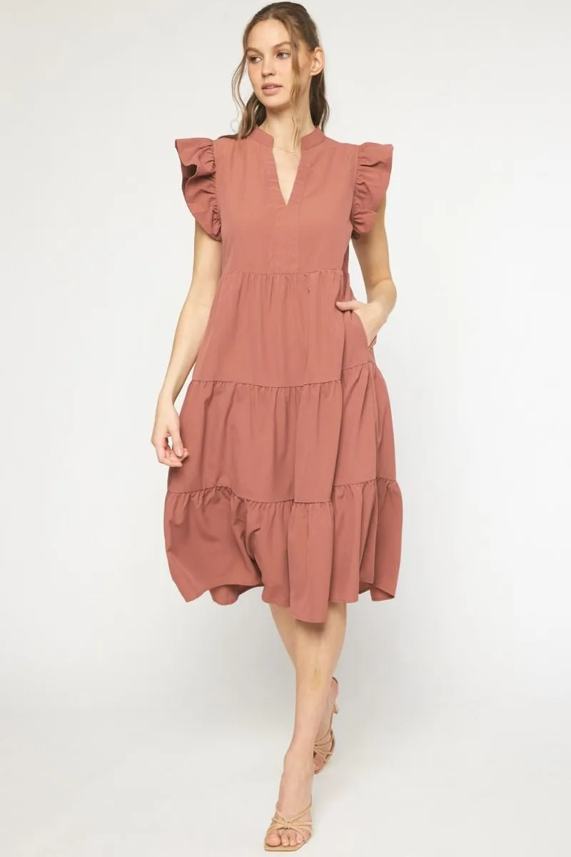 Ruffled Pocket Tiered Midi Dress, Cinnamon