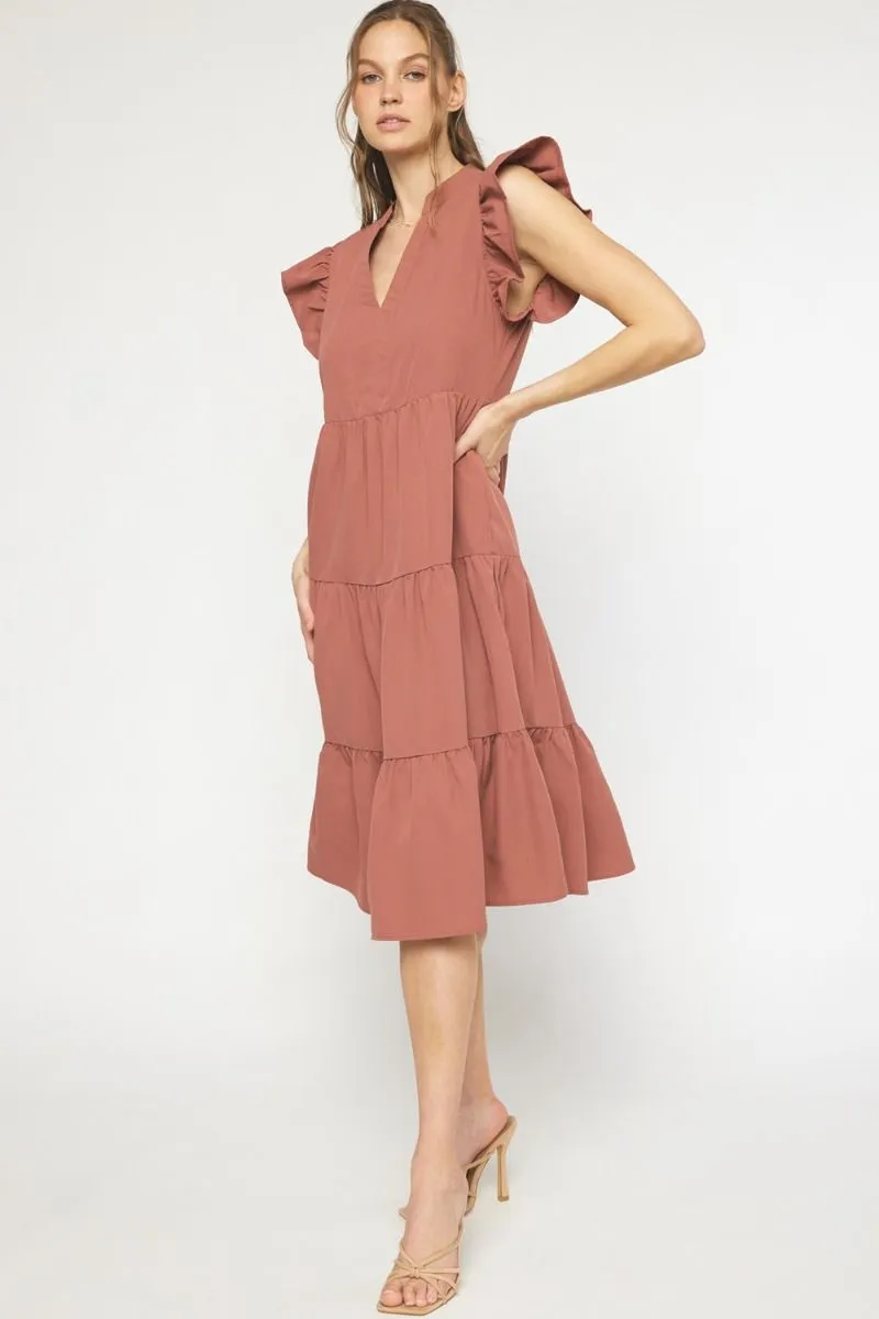Ruffled Pocket Tiered Midi Dress, Cinnamon