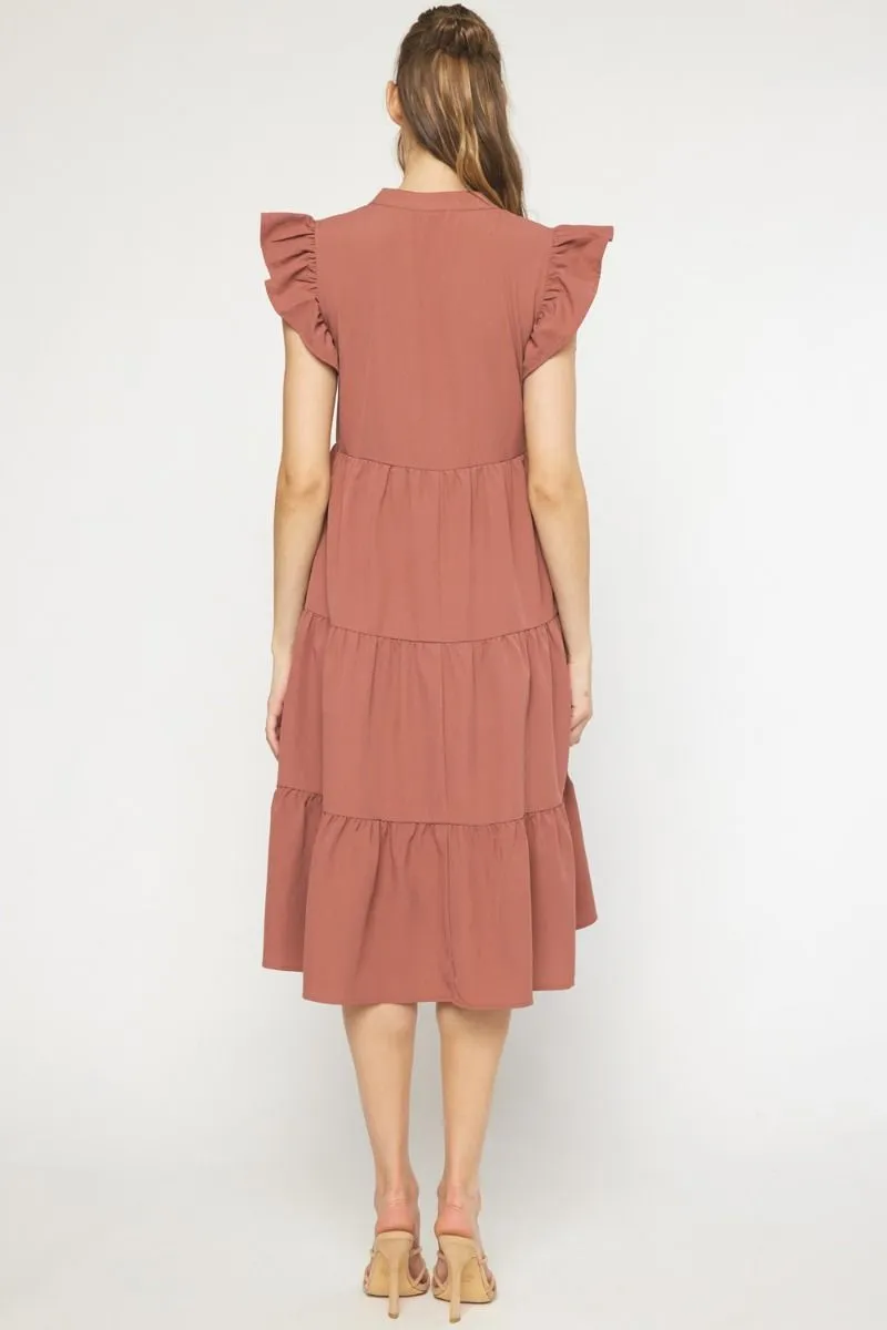 Ruffled Pocket Tiered Midi Dress, Cinnamon