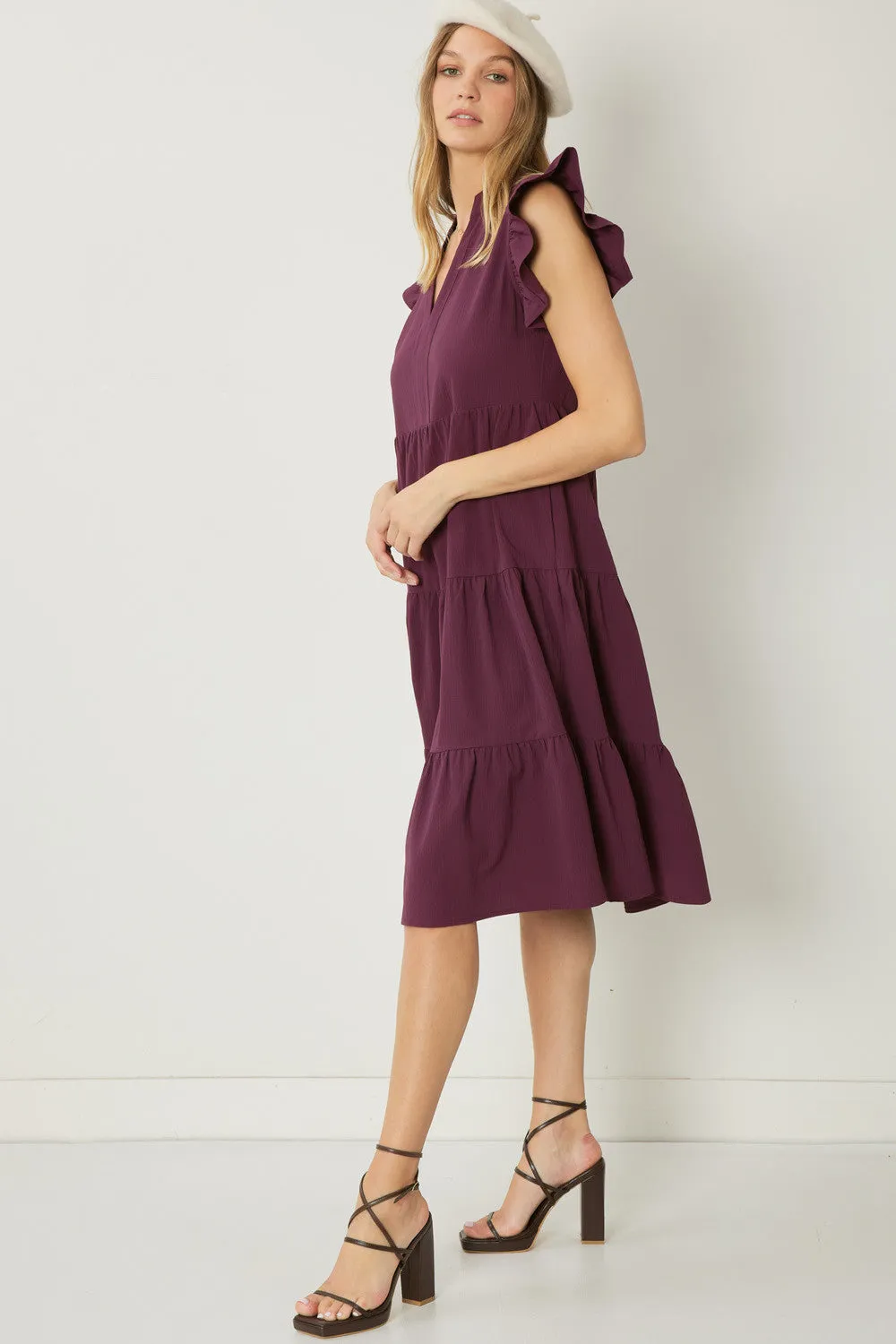 Ruffled Pocket Tiered Midi Dress, Eggplant