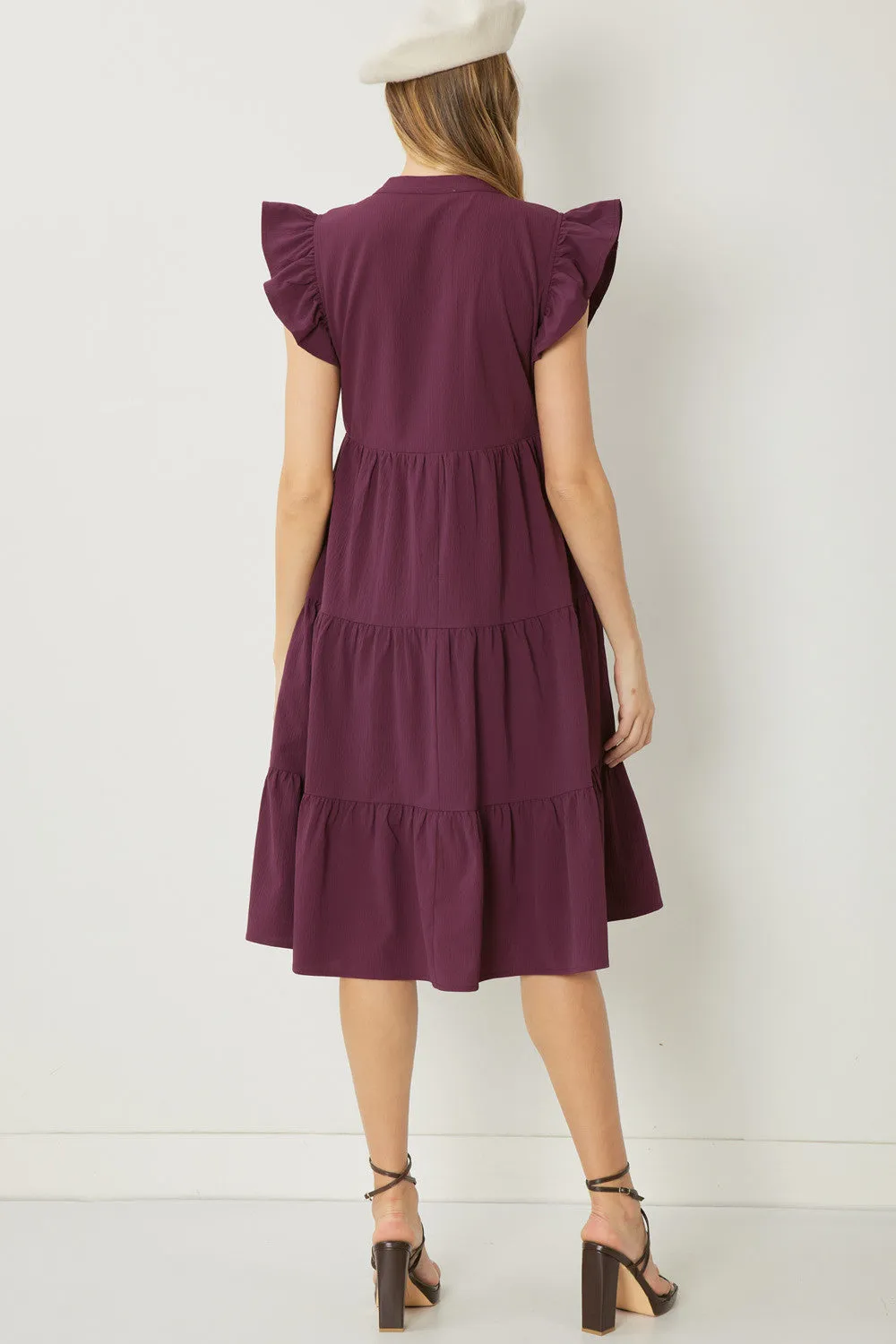 Ruffled Pocket Tiered Midi Dress, Eggplant
