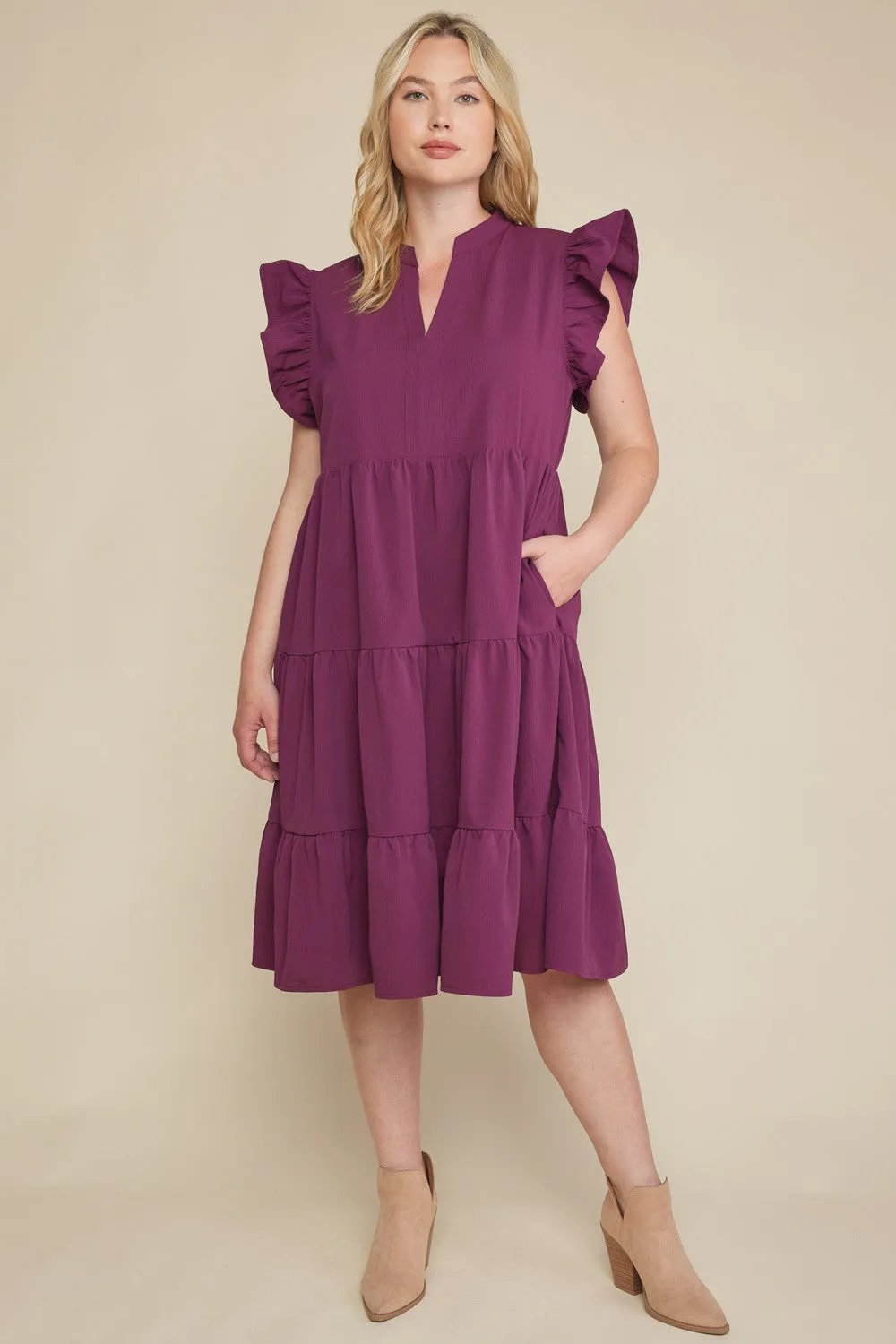Ruffled Pocket Tiered Midi Dress, Eggplant