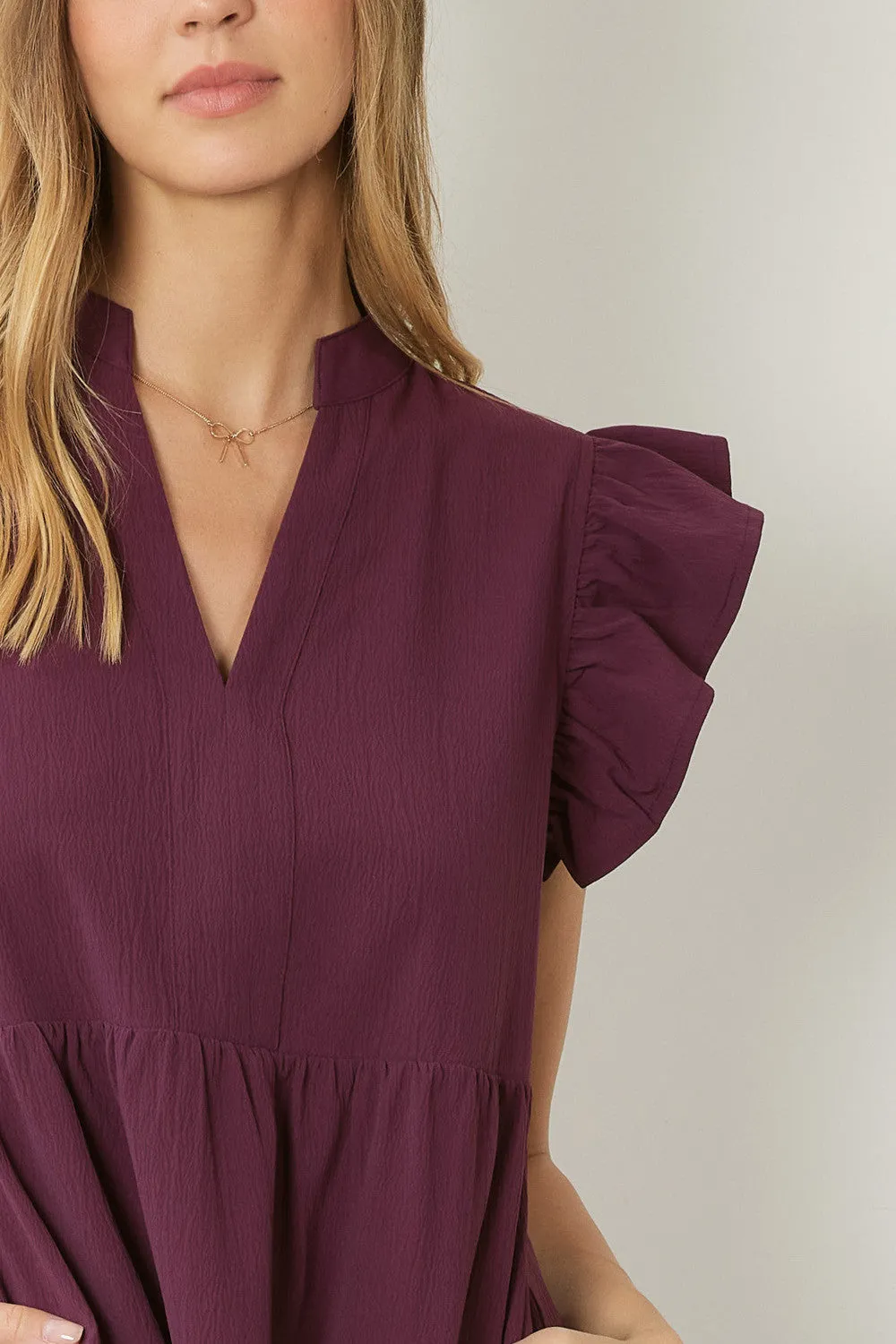 Ruffled Pocket Tiered Midi Dress, Eggplant