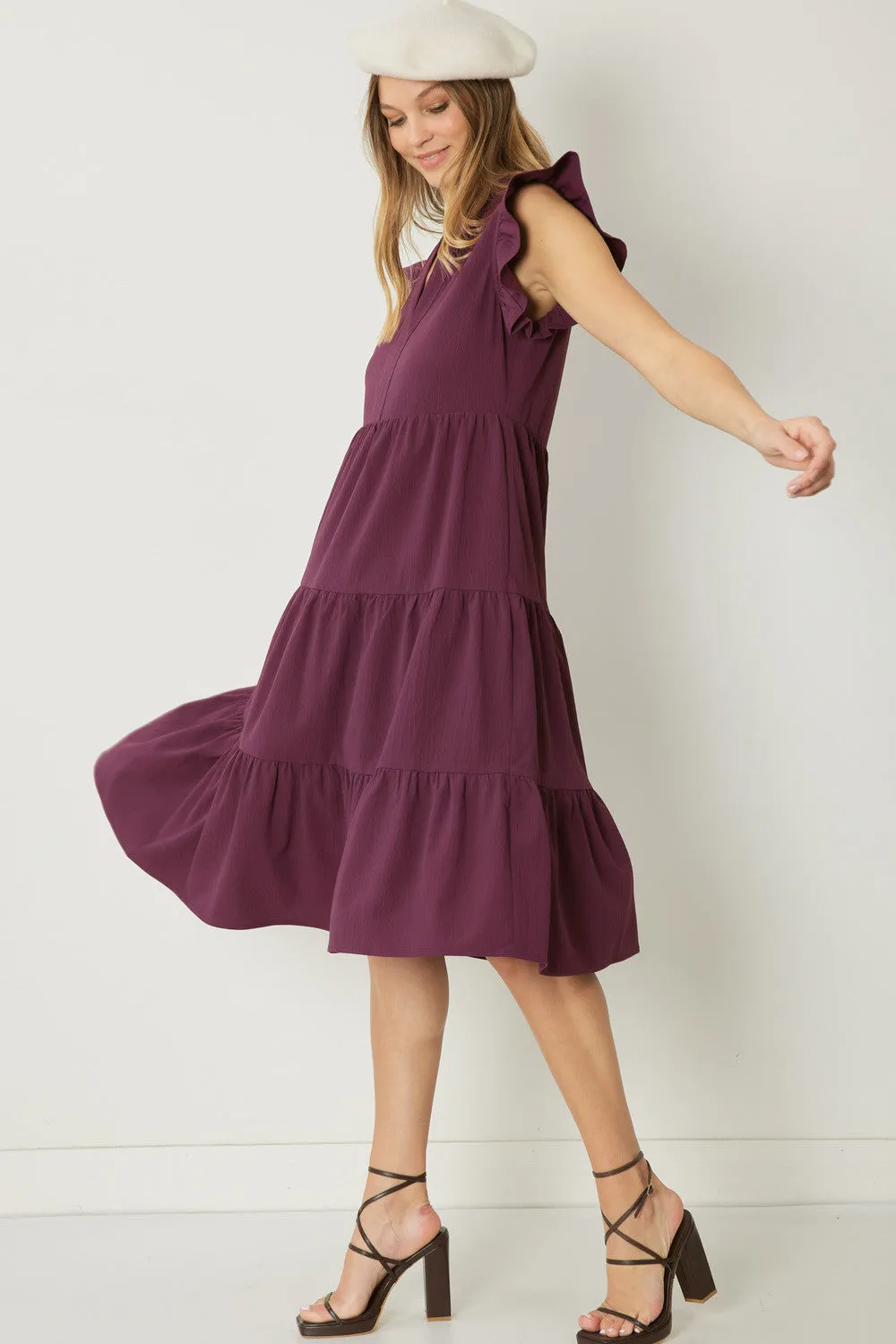 Ruffled Pocket Tiered Midi Dress, Eggplant
