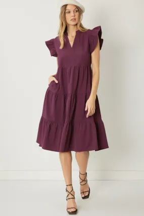 Ruffled Pocket Tiered Midi Dress, Eggplant