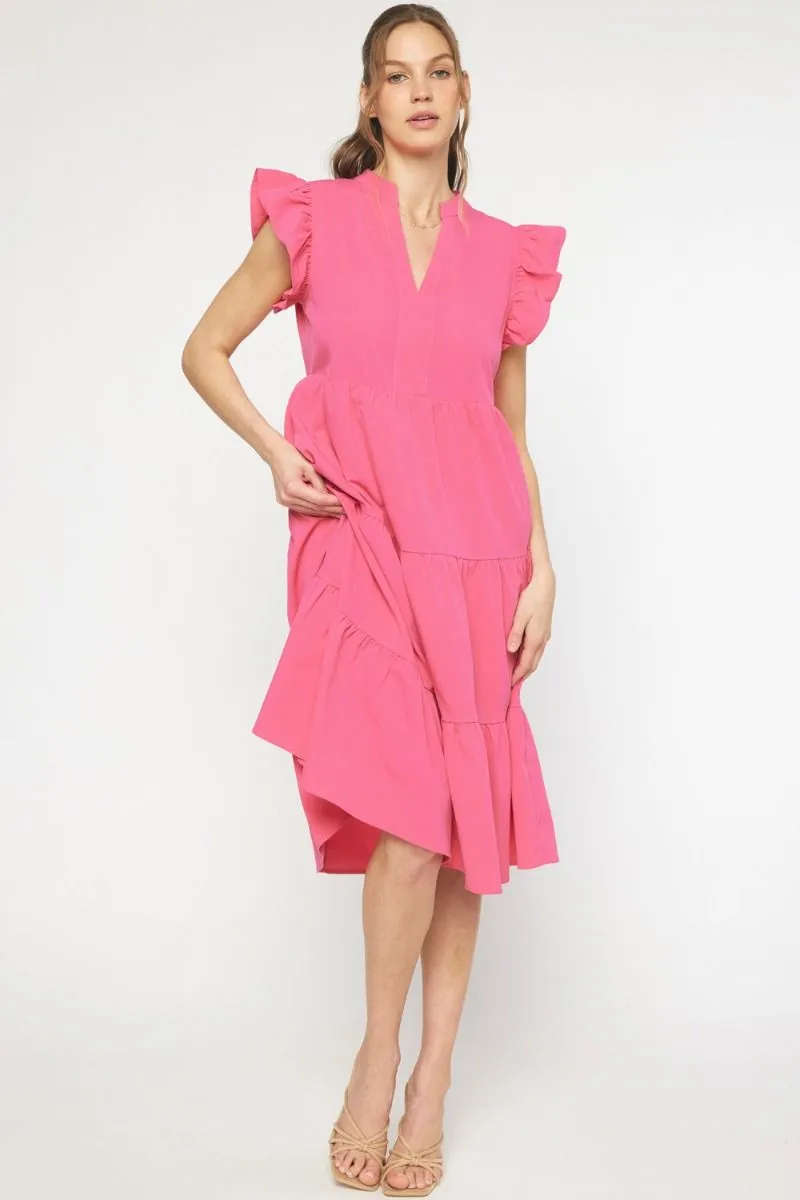Ruffled Pocket Tiered Midi Dress, Hot Pink