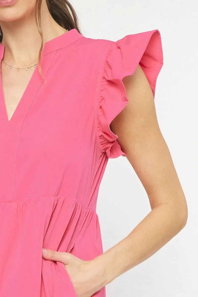 Ruffled Pocket Tiered Midi Dress, Hot Pink