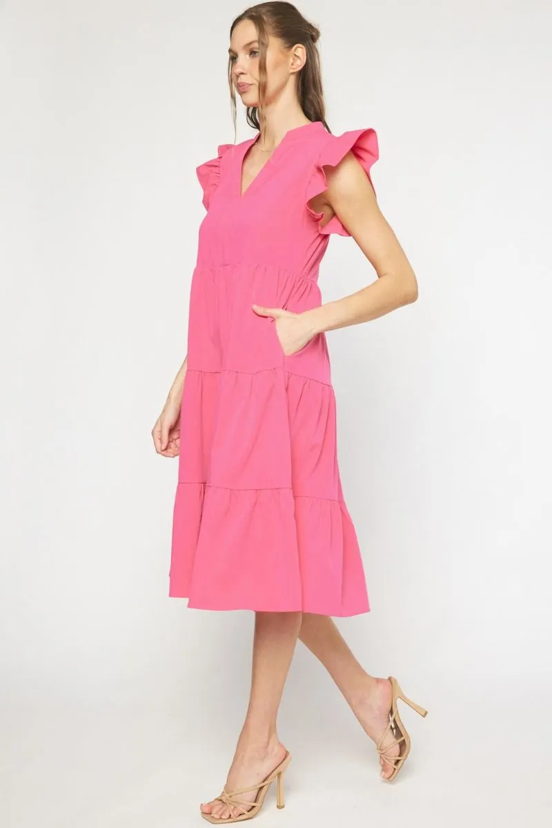 Ruffled Pocket Tiered Midi Dress, Hot Pink