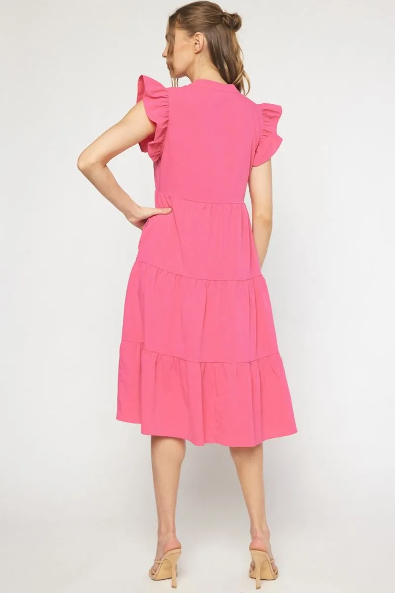 Ruffled Pocket Tiered Midi Dress, Hot Pink