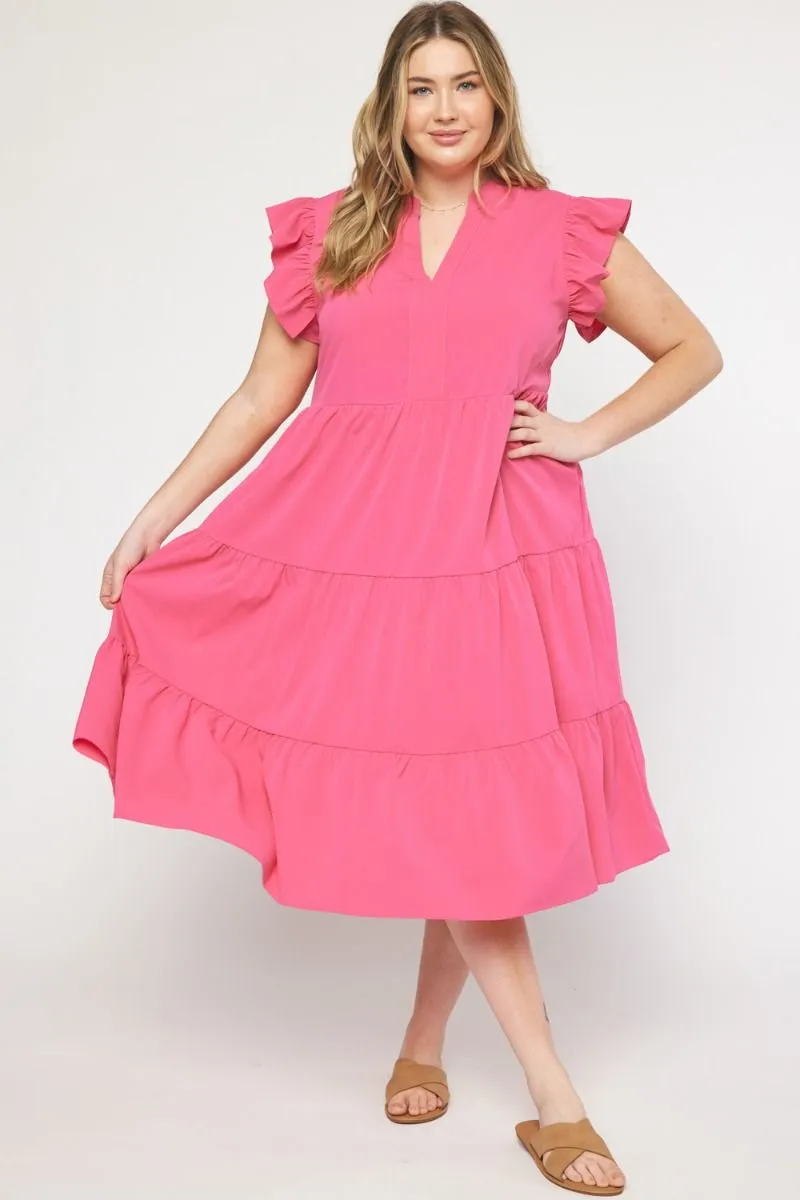 Ruffled Pocket Tiered Midi Dress, Hot Pink