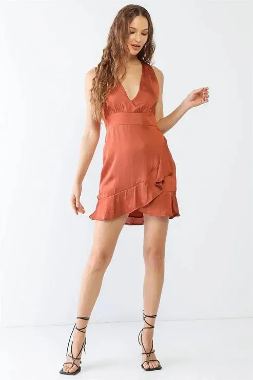 RUST SATIN SLEEVELESS V-NECK MINI DRESS