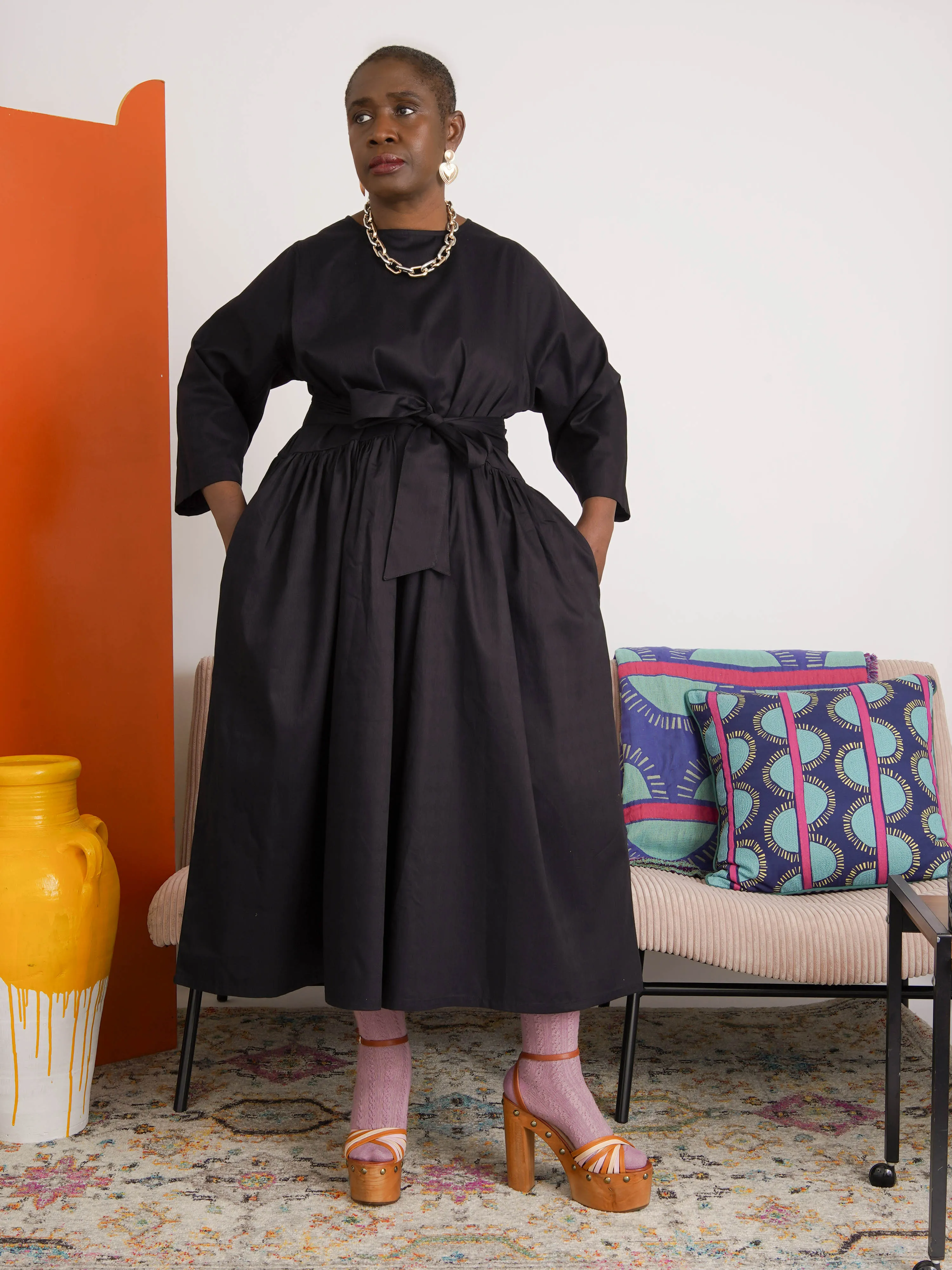 Sade Black Textured Cotton Jacquard Free Dress