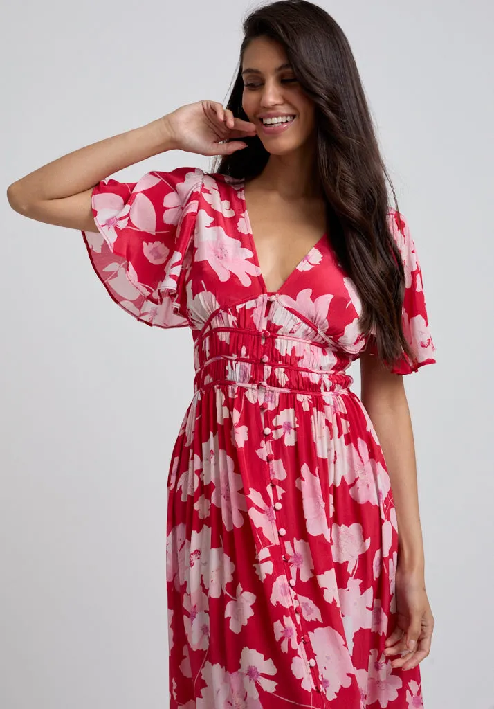 Savannah Flutter Sleeve Secret Garden Print Midi Dress In Red