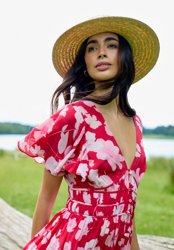 Savannah Flutter Sleeve Secret Garden Print Midi Dress In Red
