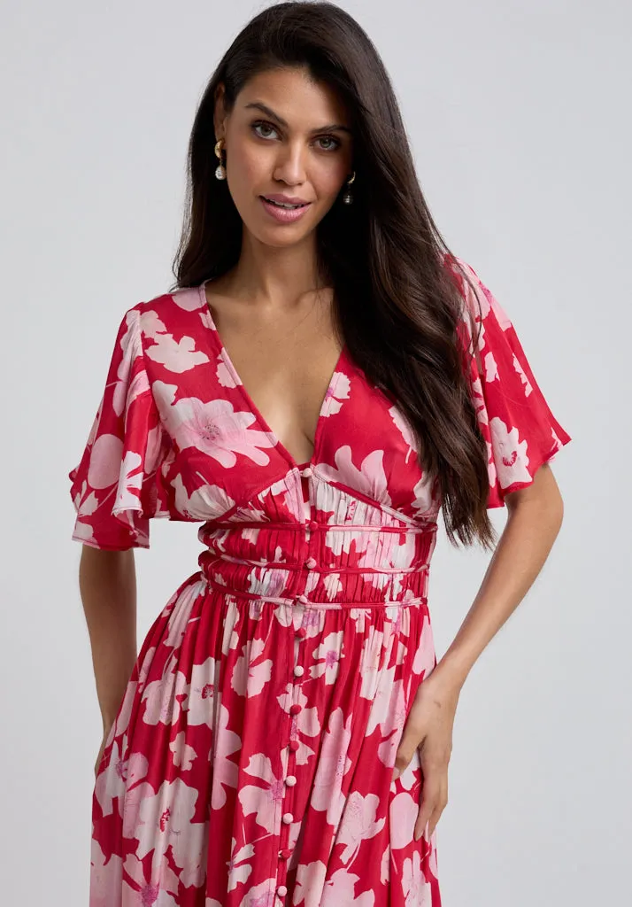 Savannah Flutter Sleeve Secret Garden Print Midi Dress In Red