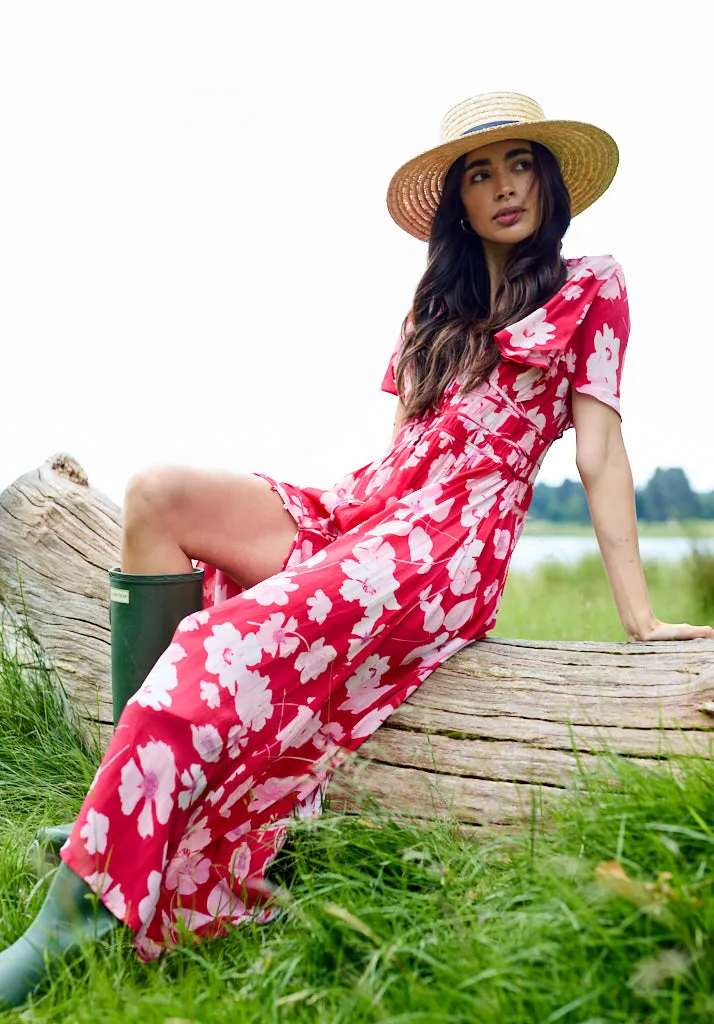 Savannah Flutter Sleeve Secret Garden Print Midi Dress In Red