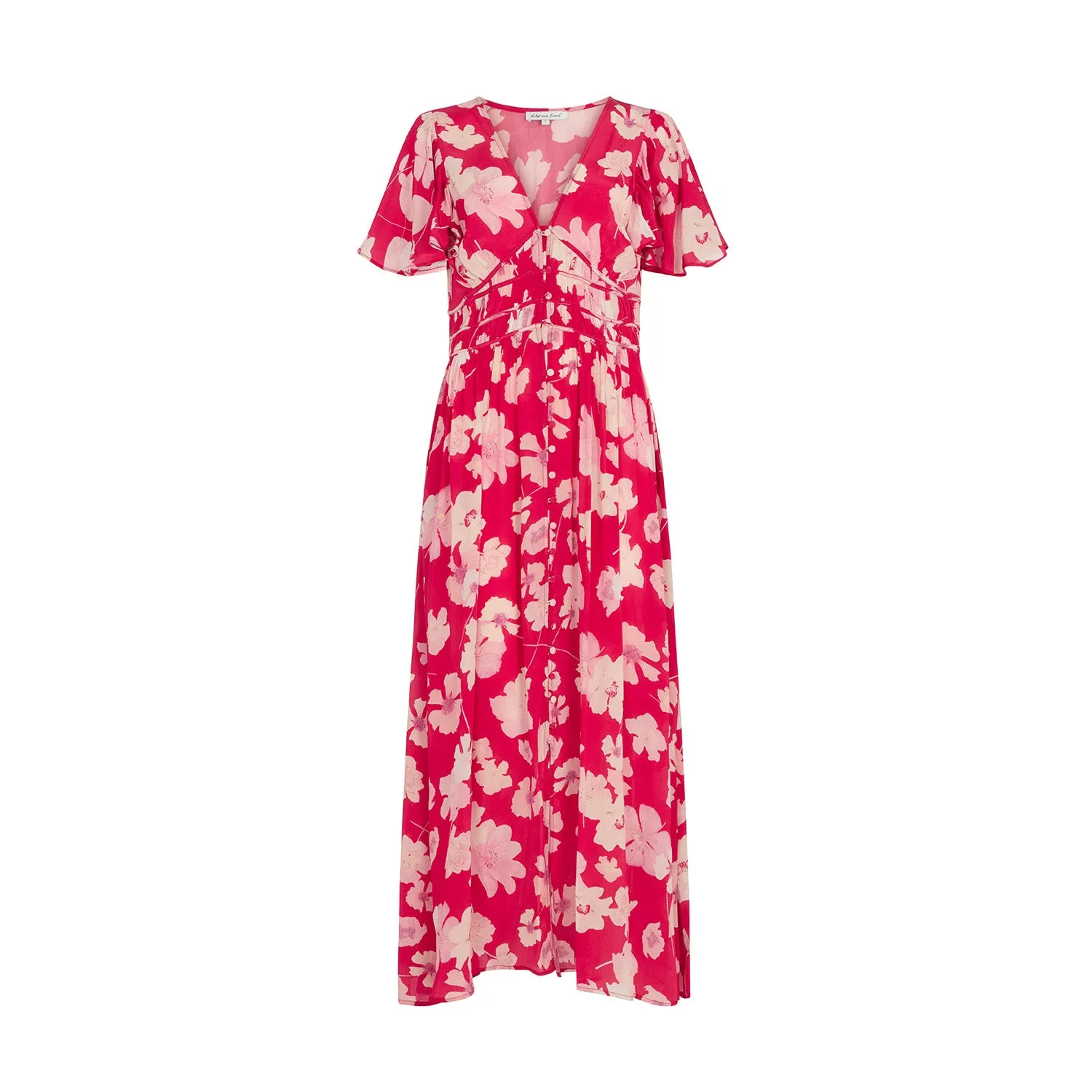 Savannah Flutter Sleeve Secret Garden Print Midi Dress In Red