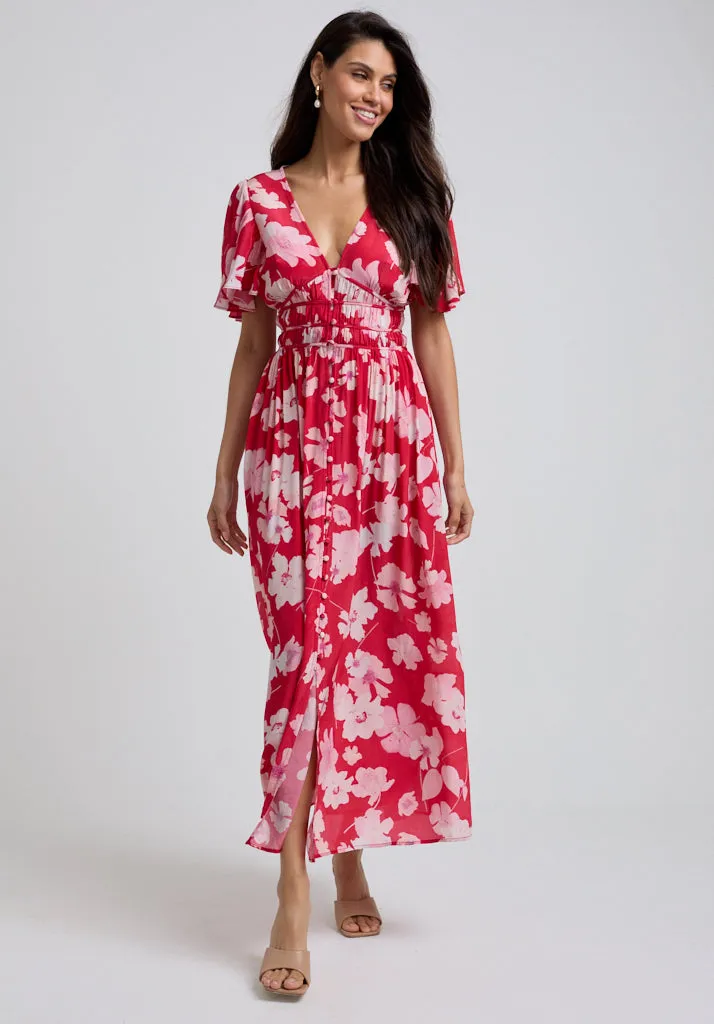 Savannah Flutter Sleeve Secret Garden Print Midi Dress In Red