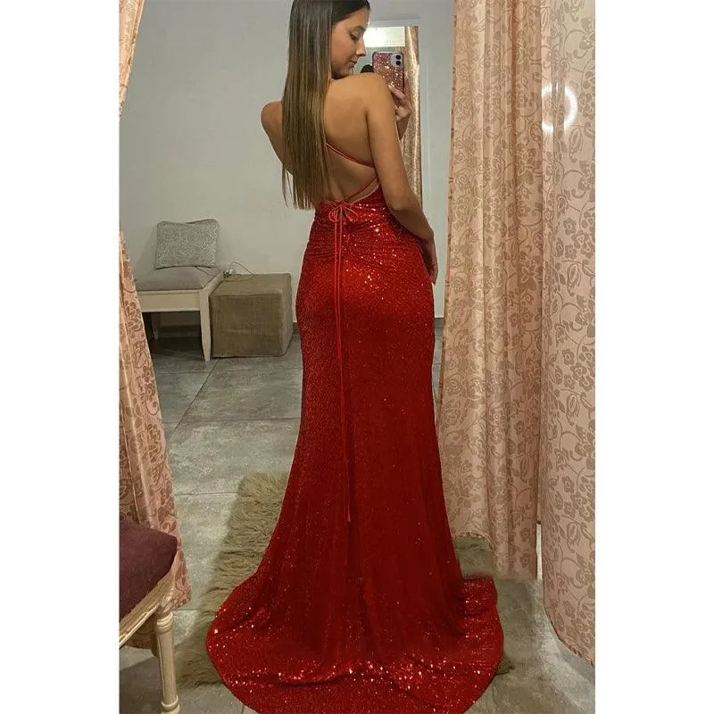 Sexy V-neck Red Sequins Pleats Mermaid Prom Dress with Slit