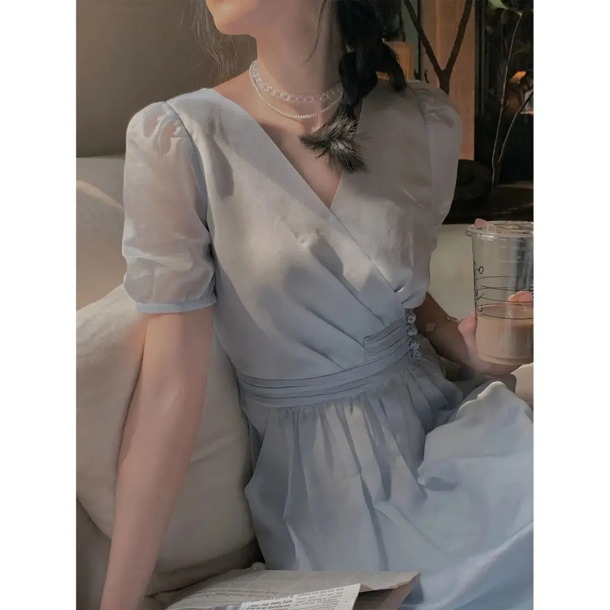 Short Sleeved Midi Dress With Cute Button Detail