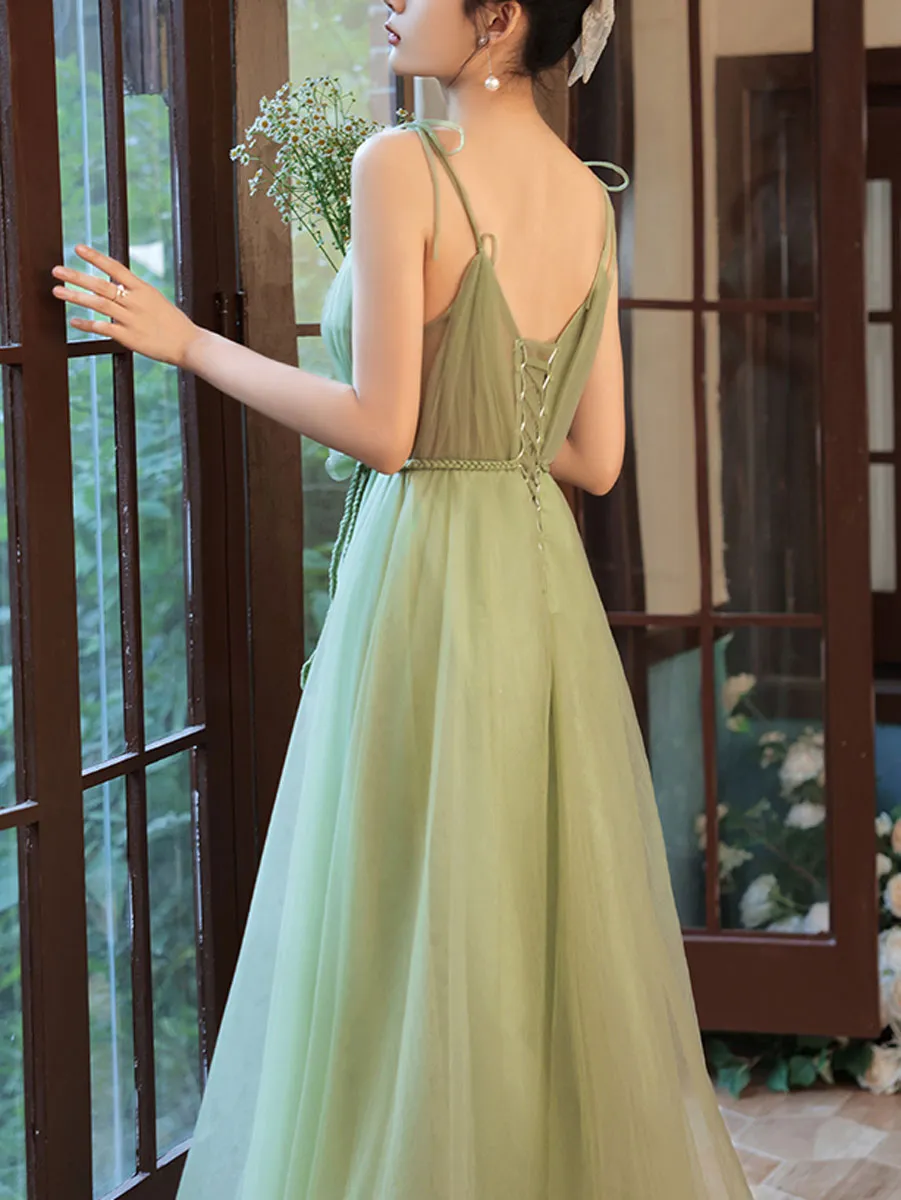 Simple Green Tulle Long Prom Dress, Green Bridesmaid Dresses