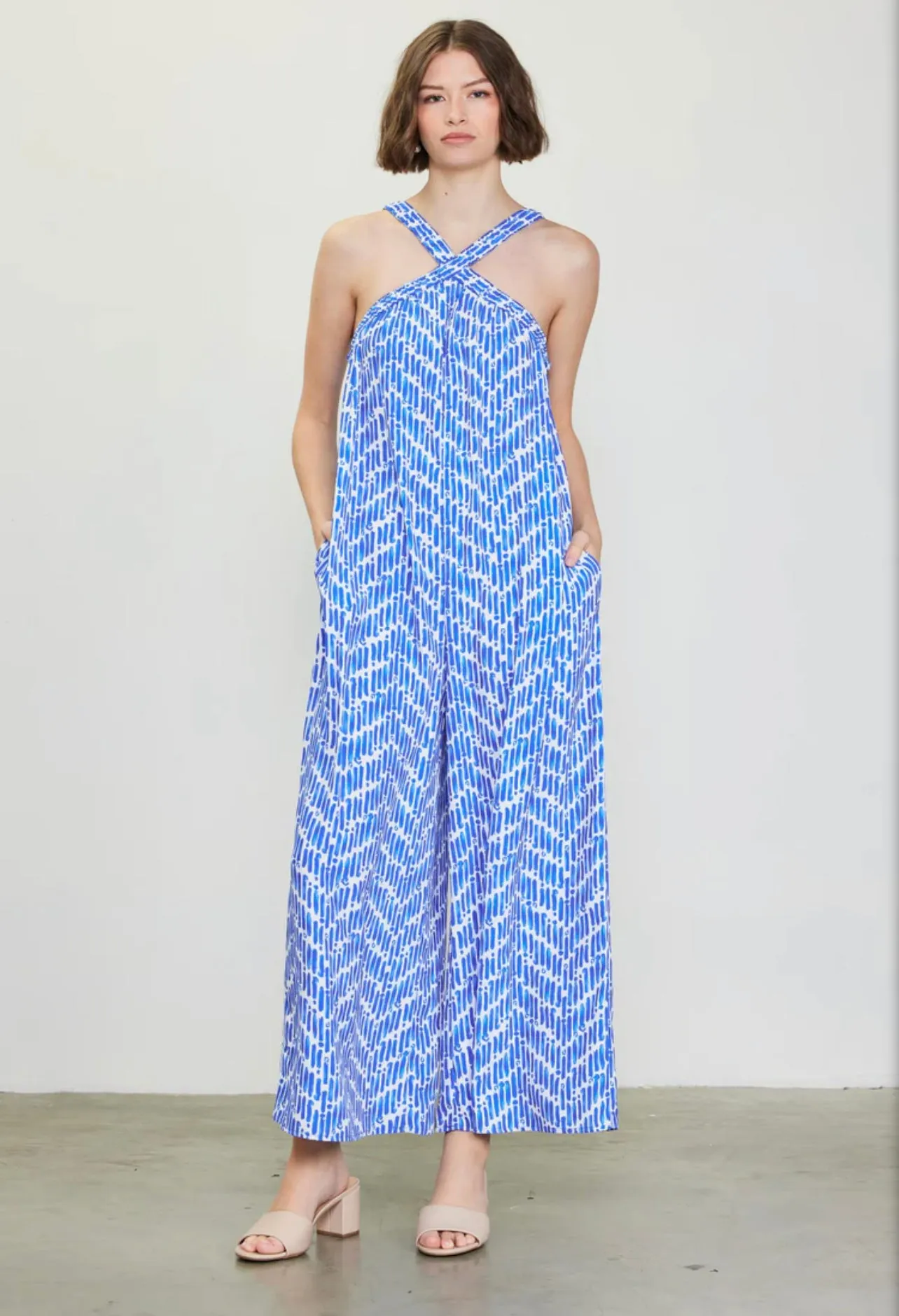 Skies Are Blue Printed Blue Halter Neck Jumpsuit