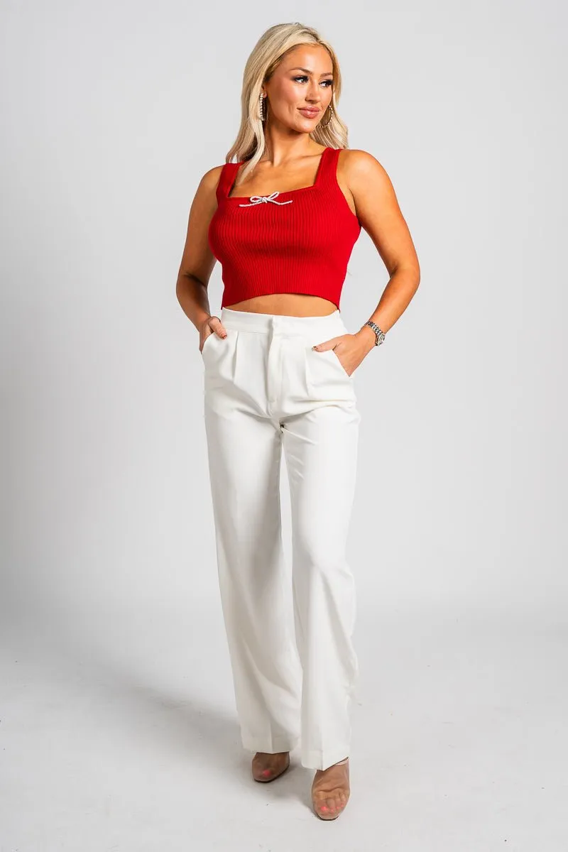 Sleeveless rhinestone bow sweater tank top red