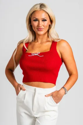 Sleeveless rhinestone bow sweater tank top red