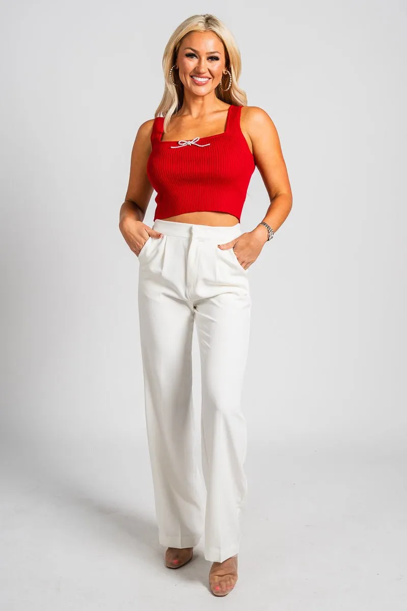 Sleeveless rhinestone bow sweater tank top red