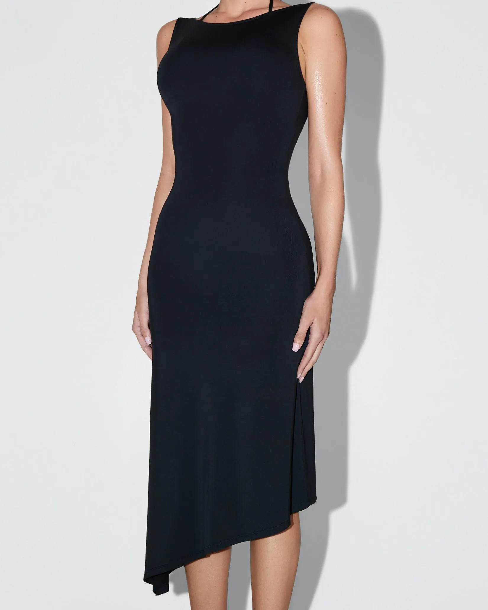 Soft Stretch Asymmetrical Midi Dress | Black