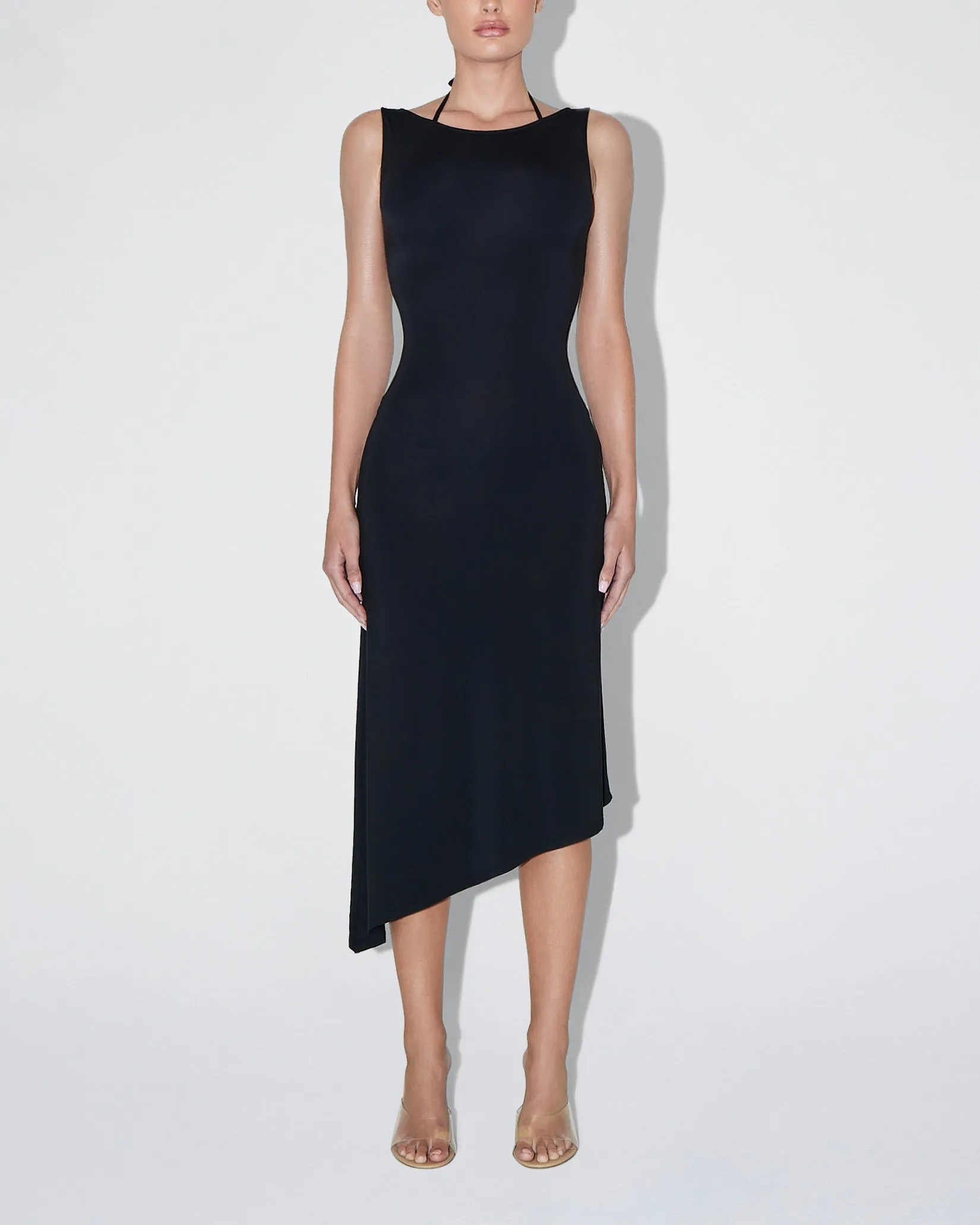 Soft Stretch Asymmetrical Midi Dress | Black