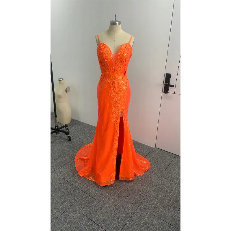 Spaghetti Straps Orange Sequins Appliques Long Prom Dress with Slit