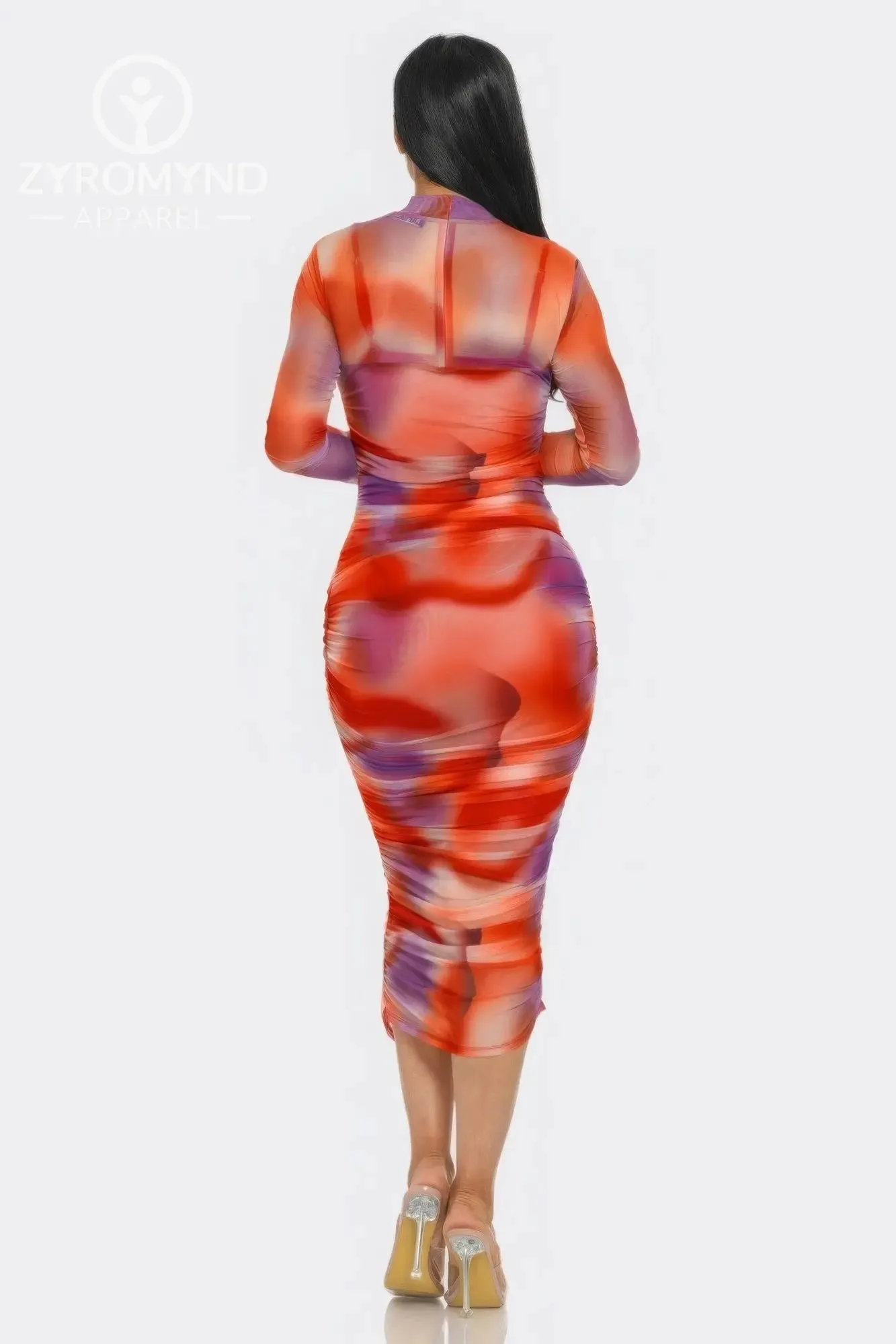 Summer Heat Print Mesh Ruched Midi Dress