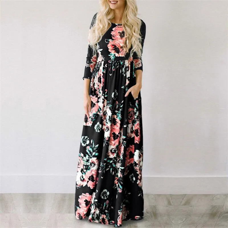 Summer Long Dress Floral Print Boho Beach Dress