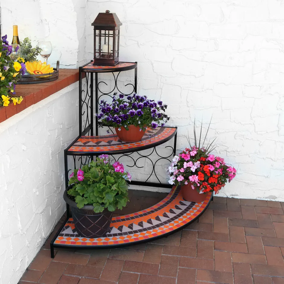 Sunnydaze 3-Tier Step-Style Mosaic Tiled Corner Display Shelf for Plants