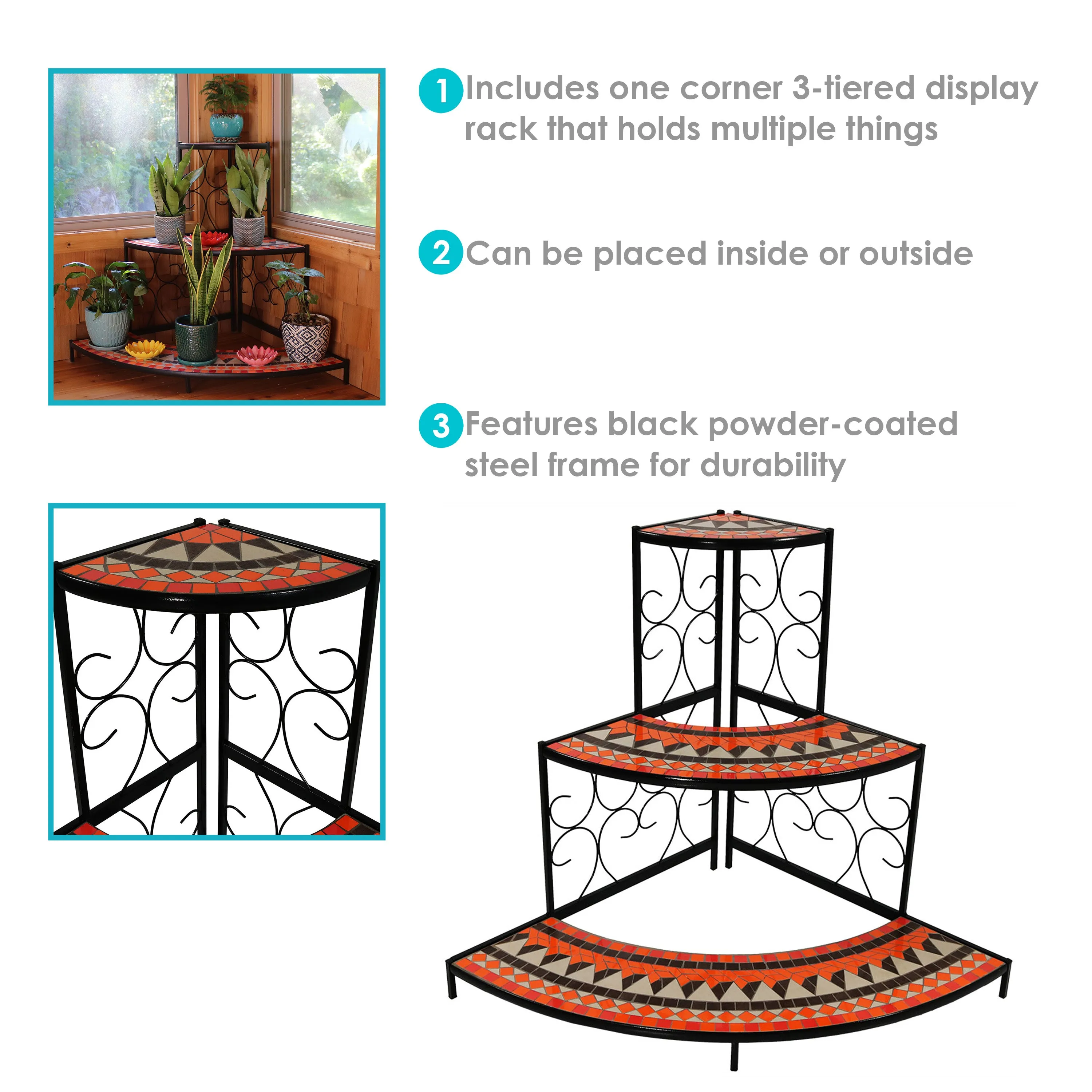 Sunnydaze 3-Tier Step-Style Mosaic Tiled Corner Display Shelf for Plants