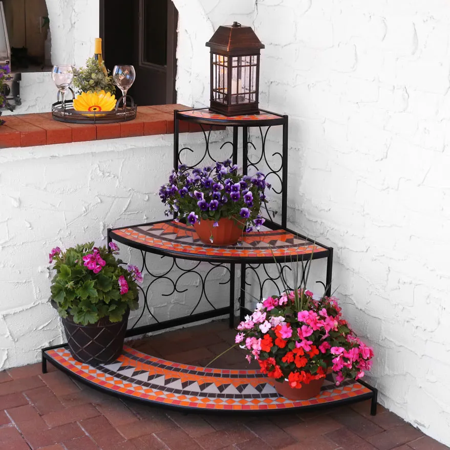 Sunnydaze 3-Tier Step-Style Mosaic Tiled Corner Display Shelf for Plants