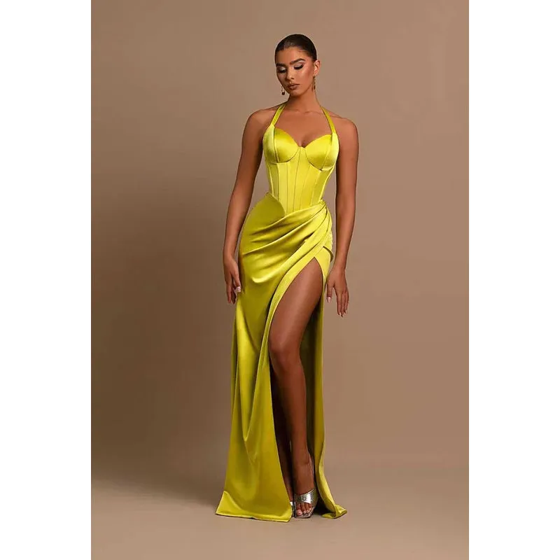 Sweetheart Halter Ruched Long Prom Evening Dress With Thigh Slit
