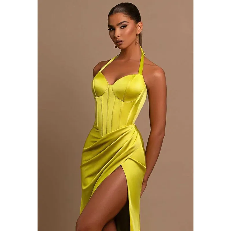 Sweetheart Halter Ruched Long Prom Evening Dress With Thigh Slit