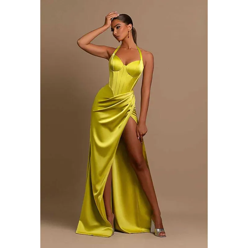 Sweetheart Halter Ruched Long Prom Evening Dress With Thigh Slit
