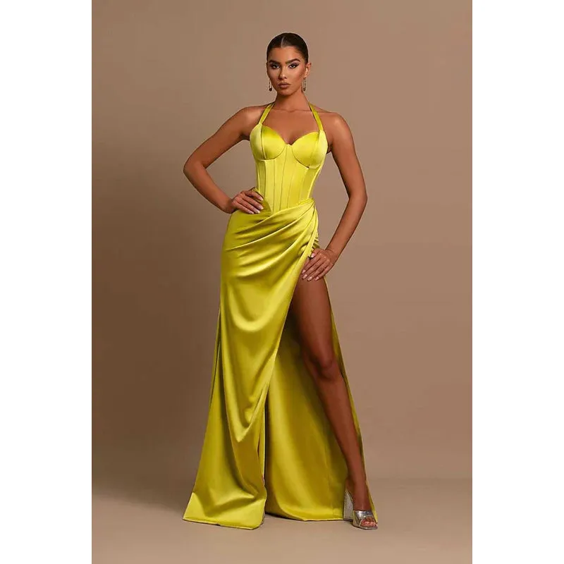 Sweetheart Halter Ruched Long Prom Evening Dress With Thigh Slit