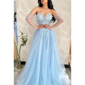 Sweetheart Strapless Appliqued Beaded Tulle A-Line Long Evening Dress