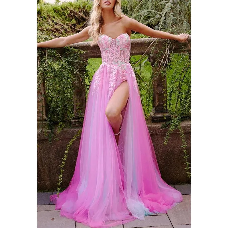 Sweetheart Strapless Floral Appliqued Ruch Tulle A-Line Long Prom Evening Dress
