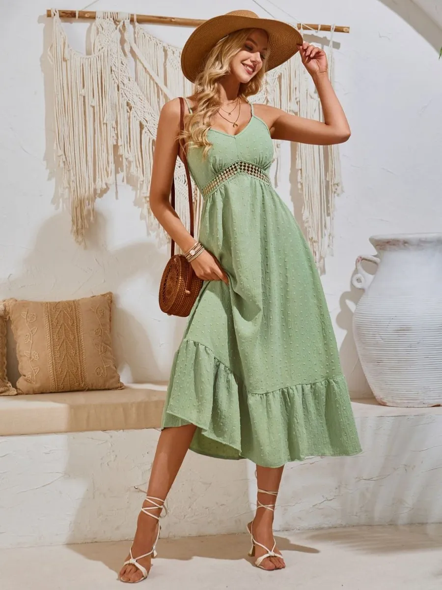 Swiss Dot Sleeveless Midi Dress Casual