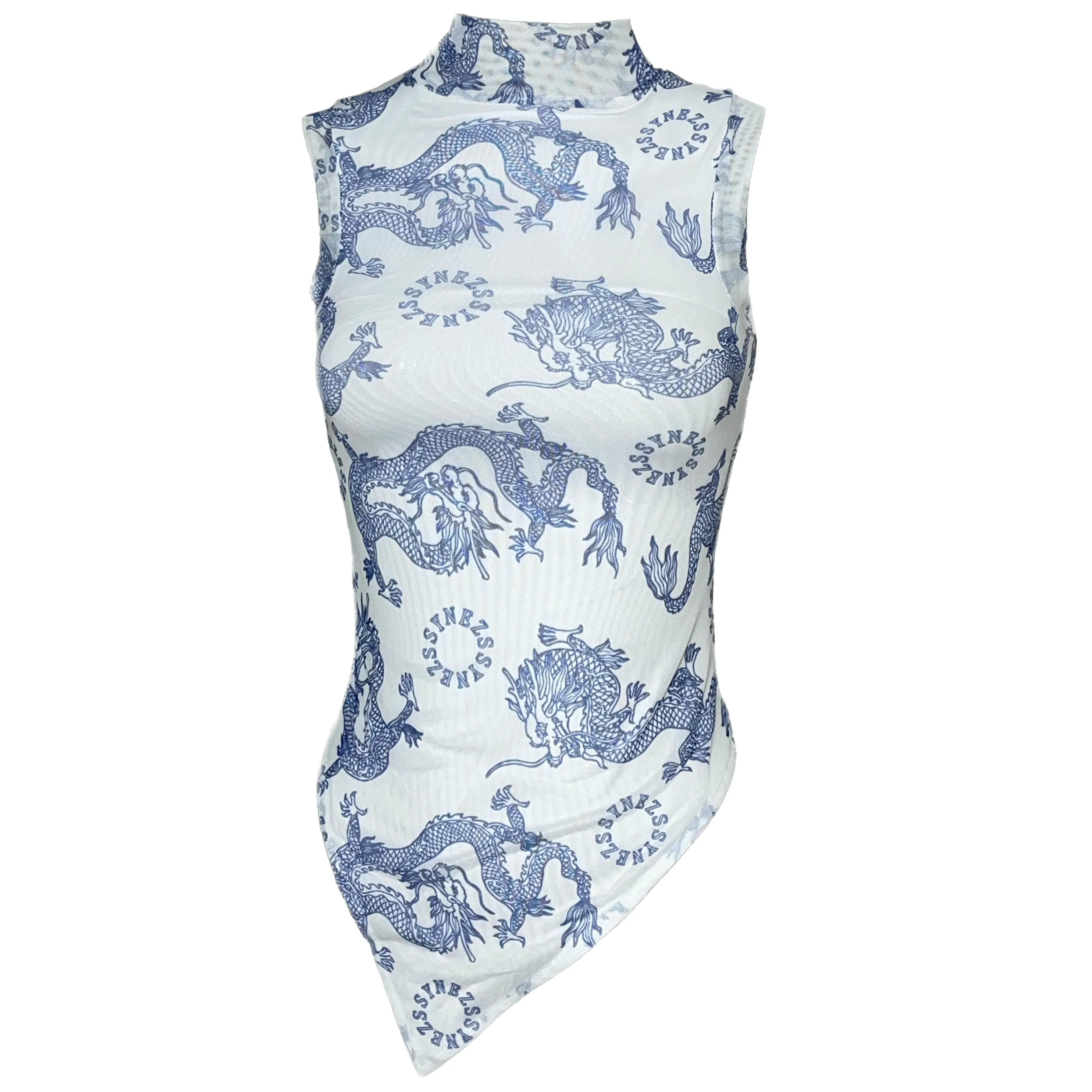 SYNEZ Blue Dragon Turtleneck Sleeveless Top