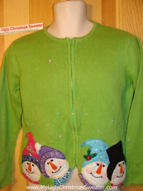 Tacky Ugly Christmas Green Sweater Four Carrot Nosed Snowmen with Bling Decoration (f101)
