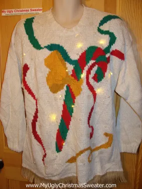Tacky Ugly Christmas Sweater 80s Padded Shoulders. Giant Candycane with Lights and Fringe (g45)