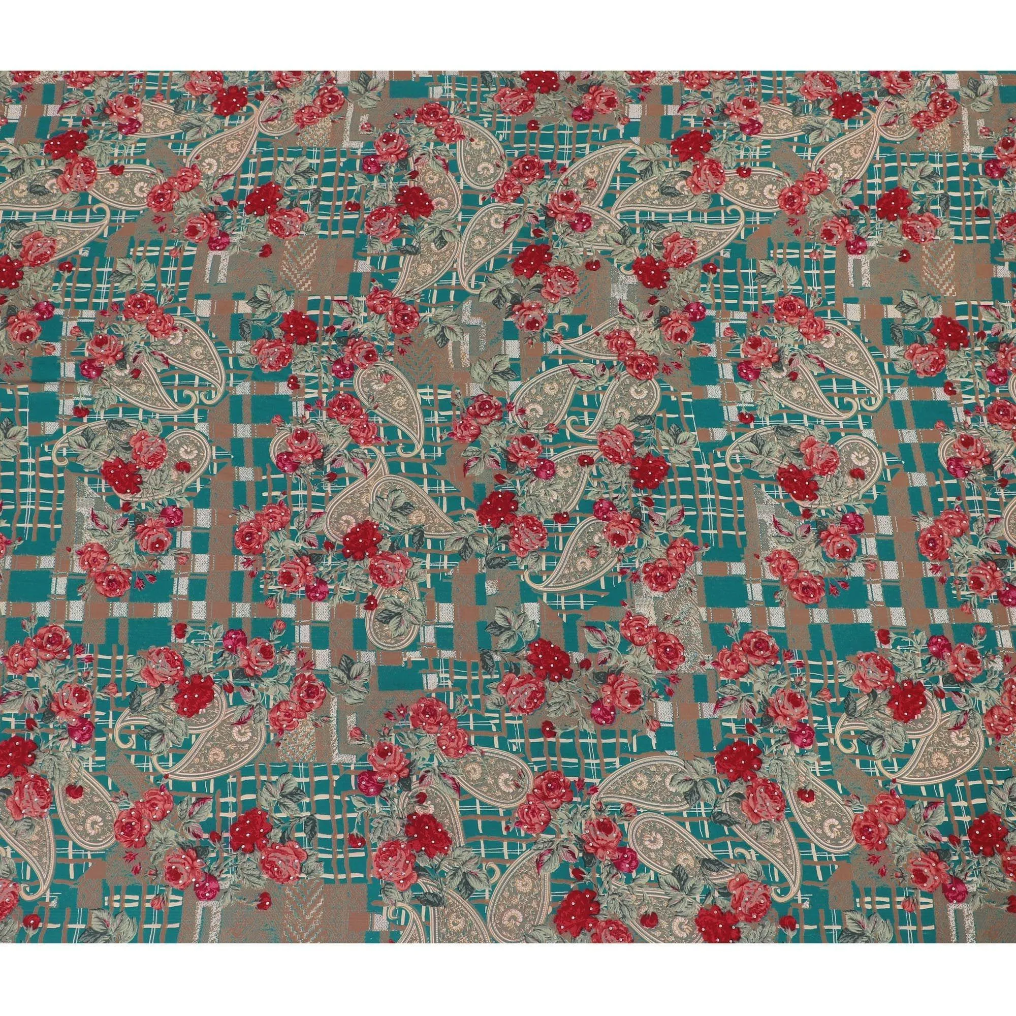 Teal green synthetic crepe fabric with multicolor print having stone work in floral design-D15293