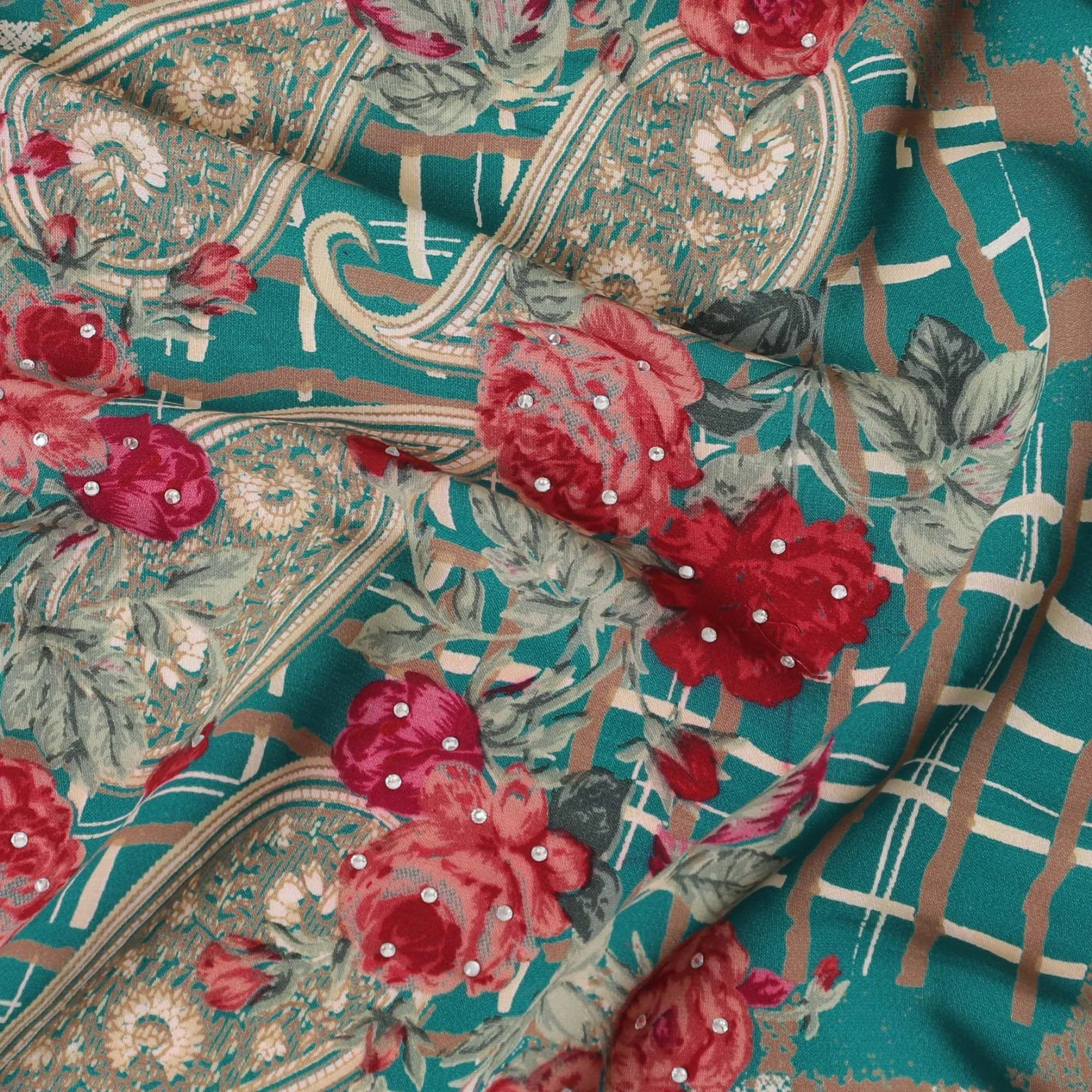 Teal green synthetic crepe fabric with multicolor print having stone work in floral design-D15293