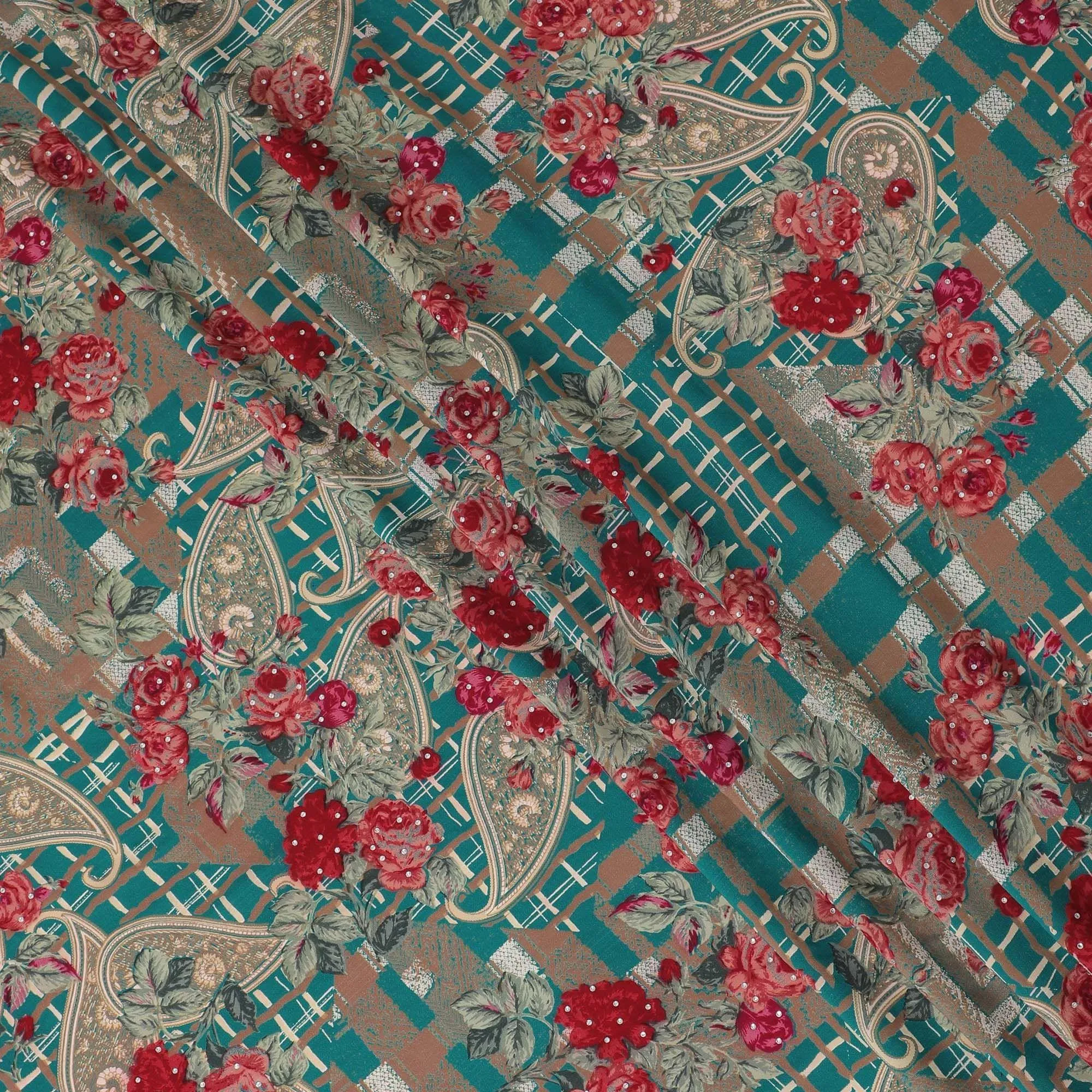 Teal green synthetic crepe fabric with multicolor print having stone work in floral design-D15293